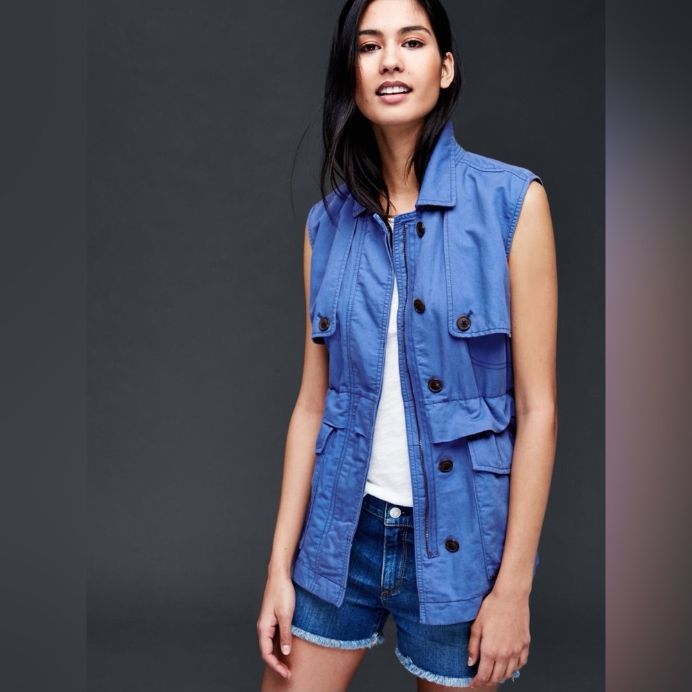 Gap Linen Blend Utility Vest Cornflower Blue Sleeveless Safari Jacket XS